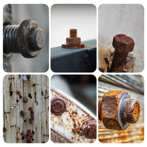 Collage of rusted, stripped bolts and nuts suitable for Beast 10 Piece Screw Extractor Kit For Stripped Bolts And Nuts MultiSpline Hex Breaker Set To Rescue Damaged Screws DIY Pro Grade Tool With Ten Sizes From 1/8 To 13/32 Inch For Home And Shop usage
