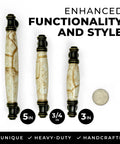 Set Of 10 Straight Up Killer Brown Marble Ceramic Drawer Pulls With Durable Antique Brass End Caps Premium Cabinet Handles For Kitchen Cupboards And Home Dressers Exact 3 3/4 Inch Hole Centers displayed in three sizes with a quarter for scale.