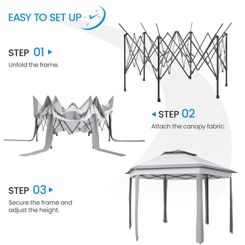 Easy setup steps for 13x13 Pop Up Hexagonal Gazebo With Mesh Walls And Double Tiers No Fuss Setup Patio Shade Shelter In Gray.