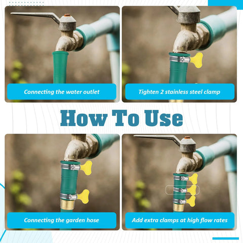 Green plastic faucet water hose adapter with two stainless steel clamps and yellow wing handles.