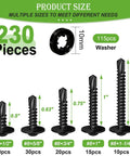 Diagram of 410 Stainless Steel Self Tapping Screws For Metal Kit 230 Pieces With 115 Screws And 115 Washers in five lengths