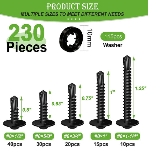 Diagram of 410 Stainless Steel Self Tapping Screws For Metal Kit 230 Pieces With 115 Screws And 115 Washers in five lengths