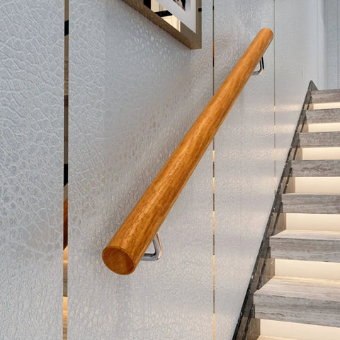 Top Shelf Indoor Wooden Stair Railing Kit Round Banister Support 11 Foot Handrail Set for home steps mounted on wall.