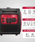 4800W Gas Portable Inverter Generator With Electric Start, Quiet, Parallel Ready, showing AC output and USB-A ports.