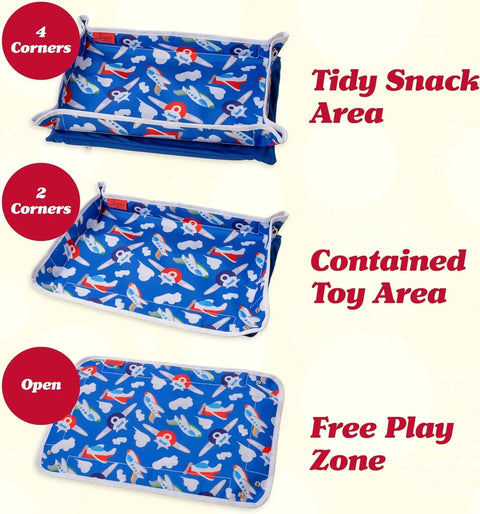 Kids Airplane Tray Table Cover With Storage Pockets For Toys And Snacks Portable Travel Organizer For Toddlers Fits Most Airplane Trays Dino Theme showing three configurations of use