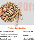 Three Eighth Inch 20 Ft G80 Transport Tow Chain With Grab Hooks 7100 Lbs Working Load Limit heavy duty coiled chain