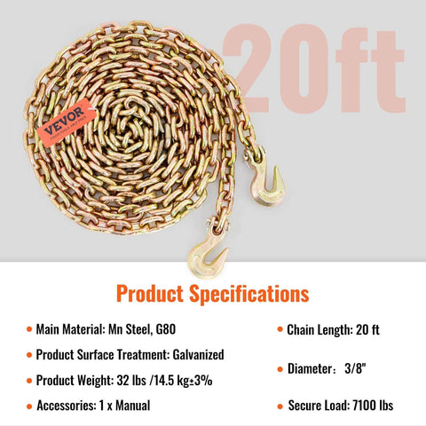 Three Eighth Inch 20 Ft G80 Transport Tow Chain With Grab Hooks 7100 Lbs Working Load Limit heavy duty coiled chain