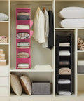 Hanging Closet Organizer With Bamboo Inserts And MDF Tops Pink Space Saving Shelves For Clothes And Accessories Ultra Durable Nonwoven Fabric Easy Access Wardrobe Storage For Quick Neat Organization in a closet.