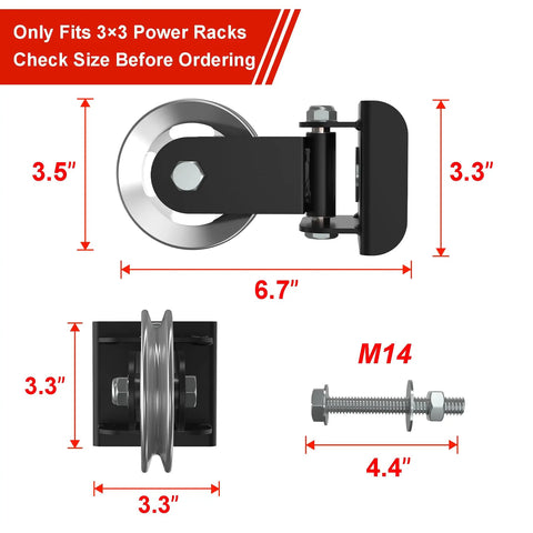 2 Pack Rotating Pulley Attachment For 3x3 Power Rack dimensions with aluminum pulley and mounting hardware for home gym setup.