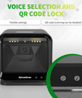 Hands Free USB Barcode Scanner With Auto Sensor Trigger Reads 1D 2D And QR Codes No Fuss Fast For POS Retail Warehouse And Inventory Management Plug And Play, close-up showing voice selection and QR code lock features.