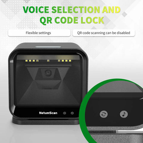 Hands Free USB Barcode Scanner With Auto Sensor Trigger Reads 1D 2D And QR Codes No Fuss Fast For POS Retail Warehouse And Inventory Management Plug And Play, close-up showing voice selection and QR code lock features.