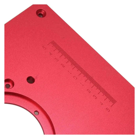Close-up of Solid As A Rock Aluminum Router Table Insert Plate Featuring Bullseye Center Bore for precise measurements.