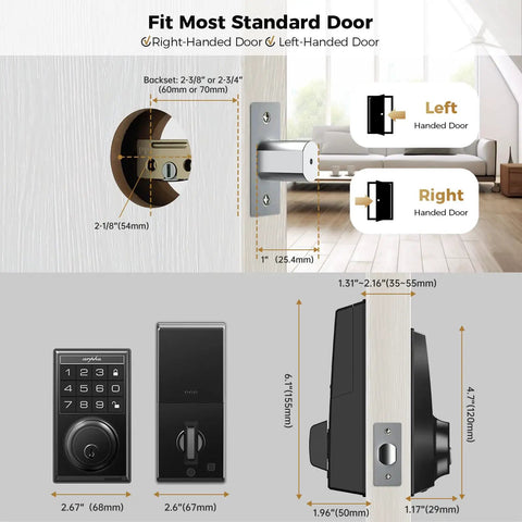 Smart Keyless Entry Door Lock With WiFi Keypad Front Door Deadbolt for right and left-handed doors with measurements