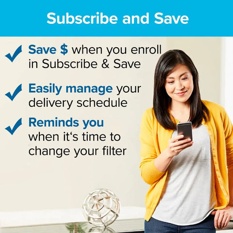 Woman using phone to manage HVAC Air Filter 16x25x1 MERV 14 MPR 2800 subscription with benefits listed on screen