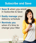 Woman holding phone with text about subscribing to manage delivery schedule for 20x25x1 Air Filter MERV 14 MPR 2800 Dope.