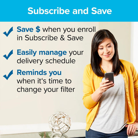 Woman using phone for Subscribe & Save feature with text about saving money and managing filter schedule.