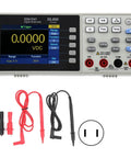 Compact Desktop Multimeter With 55000 Counts And A 3.7 Inch LCD Display showing 0.0000 VDC, US plug cables included.