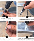 Pop Rivet Gun Adapter Kit With Four Head Sizes 2.4mm 3.2mm 4.0mm And 4.8mm Drill Attachment Aluminum Alloy Riveting Nut Tool Universal Fit No Brainer Quick Setup For Smooth Riveting On Metal Plastic And More. Four-step metal riveting setup with drill adapter and rivet installed