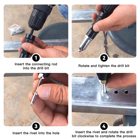 Pop Rivet Gun Adapter Kit With Four Head Sizes 2.4mm 3.2mm 4.0mm And 4.8mm Drill Attachment Aluminum Alloy Riveting Nut Tool Universal Fit No Brainer Quick Setup For Smooth Riveting On Metal Plastic And More. Four-step metal riveting setup with drill adapter and rivet installed