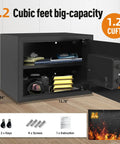 1.2 Cu Ft Fireproof Digital Safe With Keypad And Key Backup Includes Fireproof Bag for documents, shown open with items inside.