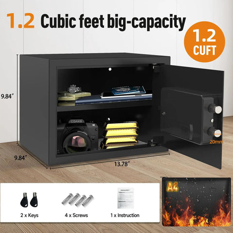 1.2 Cu Ft Fireproof Digital Safe With Keypad And Key Backup Includes Fireproof Bag for documents, shown open with items inside.