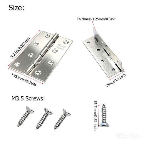 Six Pack 3.2 Inch Stainless Steel Door Hinges With Screws For Wood Doors Cabinets And Furniture Display Windows Kitchen Pet Houses And DIY Boxes Opening Size 82x49.5x1.25mm Satin Finish Rust Resistant image showing hinge dimensions and screws.