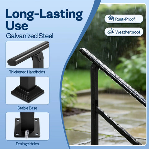 Rock Solid Outdoor Handrail For Stairs And Deck Heavy Duty Straight Rail Customizable Length No Sweat Quick Install Wobble Free Support Thick Pipe Construction, galvanized steel handrail with thickened handholds and stable base.
