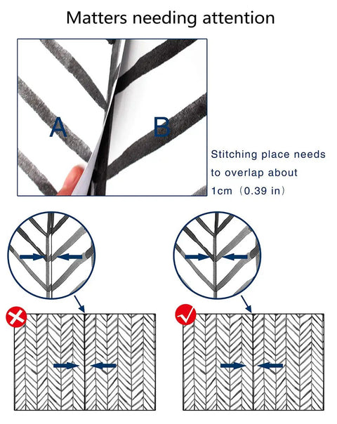 Diagram showing overlap for Peel And Stick Black And White Herringbone Wallpaper With Self Adhesive Vinyl Decor Easy Install No Mess Durable And Removable For Accent Walls And Cabinets.