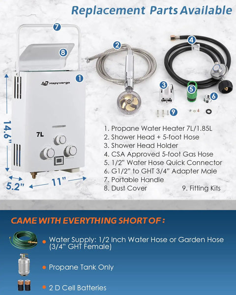 Portable Propane Gas Water Heater 7L Tankless Instant Hot Water Heater On The Go With Digital Display, parts displayed
