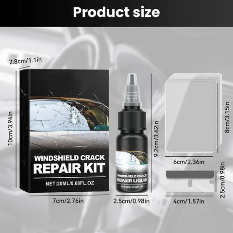 Windshield Crack Repair Kit With Nano Glass Repair Fluid For All Crack Types, kit components with measurements