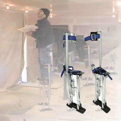Pro Grade Aluminum Drywall Stilts 15 To 23 Inch Adjustable Lifts For Taping And Painting, in use indoors by a painter.