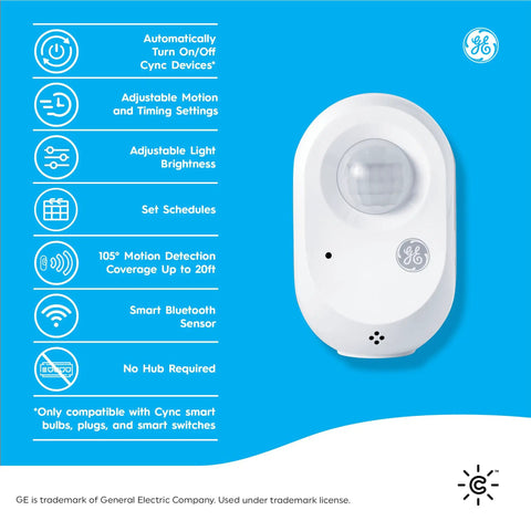 Wireless Motion Sensor With Ambient Light Detection, Battery Powered, Works With Cync Smart Plugs, Switches And Bulbs For Easy, Hands Free Auto Lighting In Any Room, Mountable On Shelf Or Wall, White. Overview image showing features.