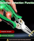 8-In-1 Electric Wire Stripping Machine Multifunction Pliers Tool For Cable Cutting Crimping Electrical Repair And Recycling Copper With Comfortable Grip showing electrified detection features.