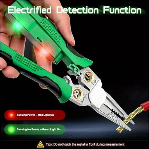 8-In-1 Electric Wire Stripping Machine Multifunction Pliers Tool For Cable Cutting Crimping Electrical Repair And Recycling Copper With Comfortable Grip showing electrified detection features.