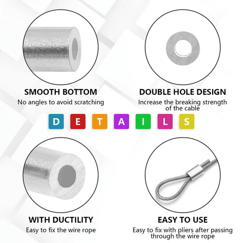 Details showing Top Tier Aluminum Wire Rope Stop Sleeves 1/16 Inch 1.5mm Crimp Loops features including smooth bottom and double hole design.