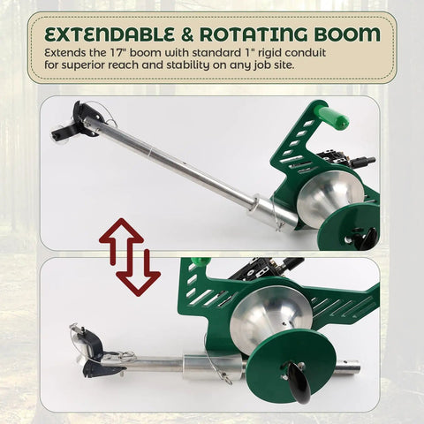 Extendable & rotating boom detail of Compact Electric Cable Puller With 1000Lb Force Powers Wire Tugging For #14–1/0 Guage Cables.