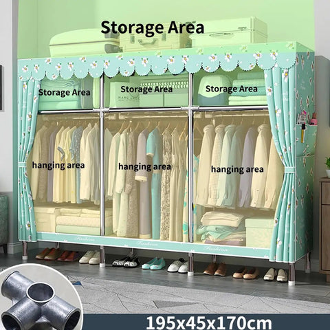 Hella Spacious Portable Wardrobe Closet With Reinforced Metal Frame And Dual Hanging Rods Quick Assembly Clothes Organizer With Airy Fabric Cover For Cozy Bedroom Gear Storage Green, showing clothes in a green closet.