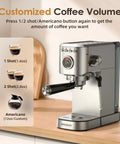 Top Tier 20 Bar Espresso Machine With Built In Milk Frother And Sleek Stainless Steel Build, Compact Home Coffee Maker showing customized coffee volume control.