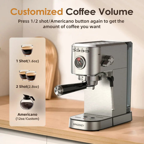 Top Tier 20 Bar Espresso Machine With Built In Milk Frother And Sleek Stainless Steel Build, Compact Home Coffee Maker showing customized coffee volume control.