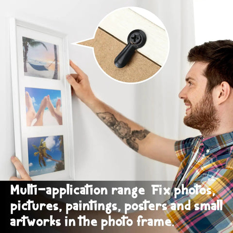 Man using Frame Turn Button Fasteners 100 Pack With 100 Black Screws Backing Clips And Framing Hardware for DIY photo mounting.