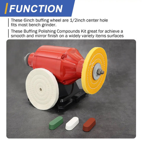 6 Inch Buffing Polishing Wheel Kit with Half Inch Arbor for Bench Grinder Pro Grade Fine 40 Ply and Medium 30 Ply Wheels Plus 3.4 Oz Polishing Compound Set for Quick Shine and Deburring in use.