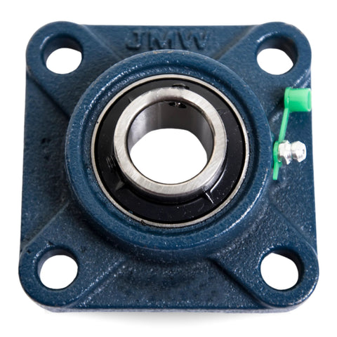 Front view of blue UCF201 pillow block bearing with 1/2 in bore and four-bolt flange on square base.