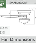 Dimensions of 42 Inch Indoor Ceiling Fan With LED Light Matte Black Low Profile Flush Mount 5 Blades Pull Chain Operation