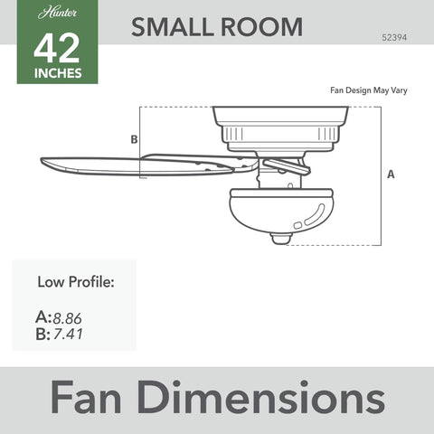 Dimensions of 42 Inch Indoor Ceiling Fan With LED Light Matte Black Low Profile Flush Mount 5 Blades Pull Chain Operation