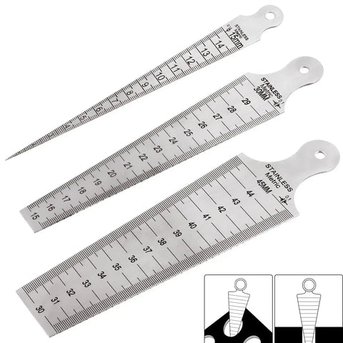 Three Piece Inch And Metric Taper Gauge Set For Welding And Bore Sizing In Stainless Steel With Imperial And Metric Scales