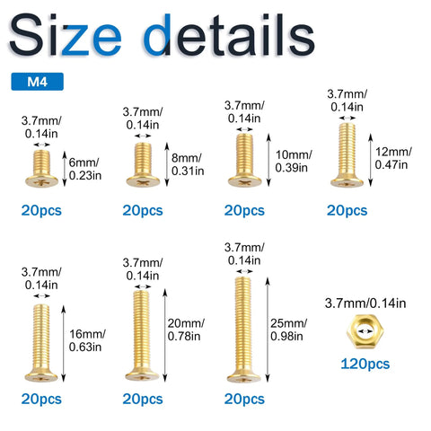 M4 Brass Flat Head Phillips Screws and Hex Nut Kit, 240 Pcs DIY Ready Fasteners for Electronics, Furniture Assembly, and Mechanical Projects Includes M4 6mm to M4 25mm Screws and 120 Nuts, size chart of brass M4 screws and nut