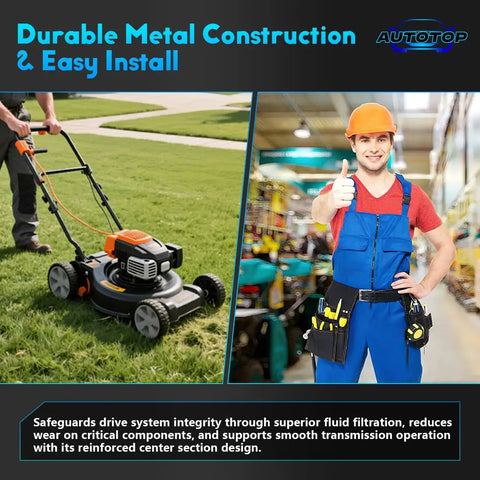 Center Section Kit With Filter For Hydro Gear Drive Systems Direct Replacement mowing lawn and worker giving thumbs up