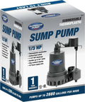 1/3 HP Thermoplastic Submersible Sump Pump With Vertical Float Switch retail box showing key features and specifications
