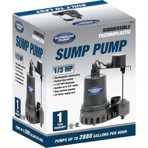 1/3 HP Thermoplastic Submersible Sump Pump With Vertical Float Switch retail box showing key features and specifications