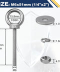 Heavy Duty M6 Stainless Steel Eye Bolts With Nuts And Washers One Quarter Inch Diameter Two Inch Long Lifting Rings Set